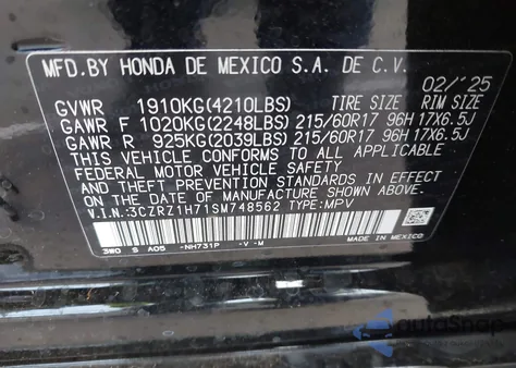 2025 Honda Hr-V 2Wd Ex-L from USA, damaged, VIN 3CZRZ1H71SM748562